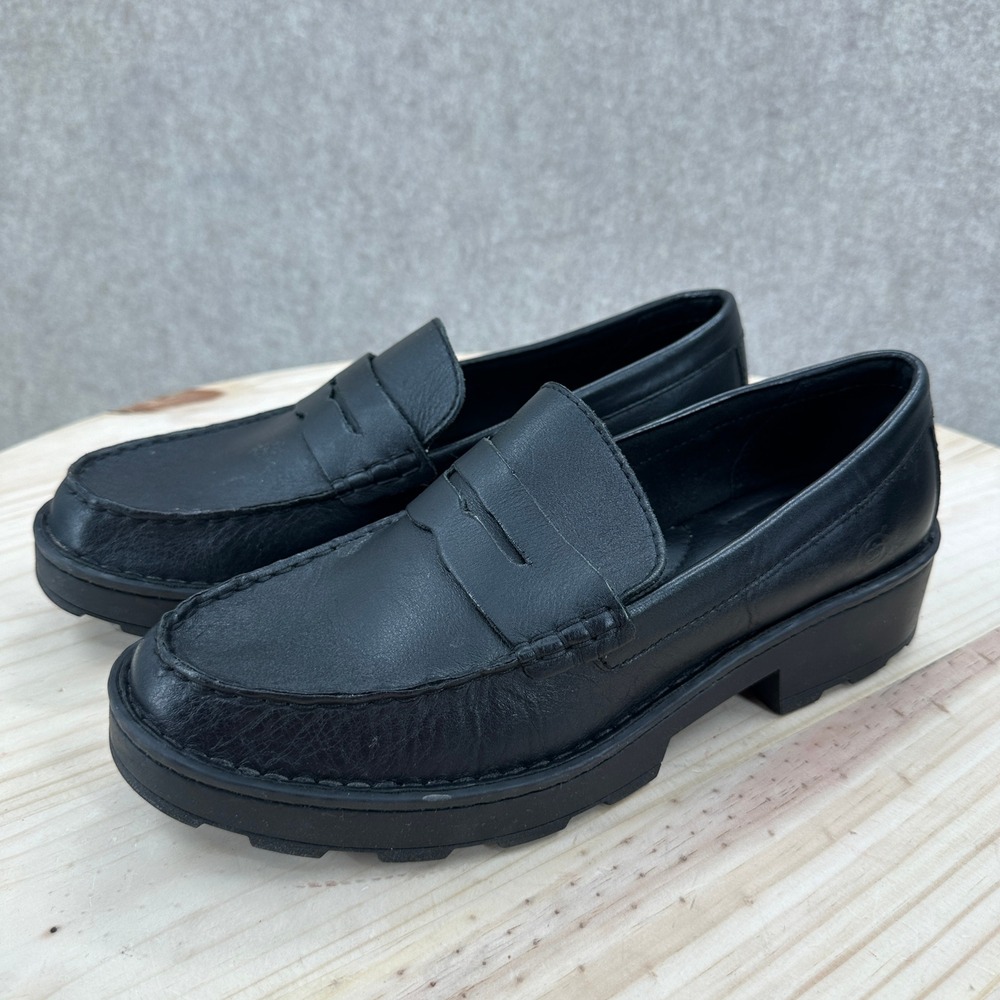 Born Carrera Penny Loafers Womens 9 Black Leather Chunky Lug Sole Shoes